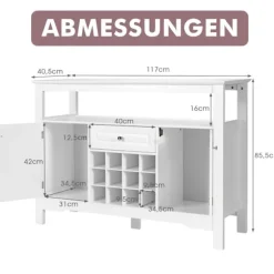 Moderne spisestuebuffet med krydsformet vinreol åben hylde 2 skabe & skuffe hvid