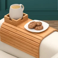 Multifunktionel doven sofa opbevaringsbakke; bambus- og træsofabakke; frugtskål; egnet til brug på borde eller sofaer
