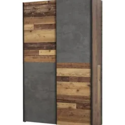 Multifunktions 2 skydedørs garderobe - Spånplade - Træ og grå beton - L 120 x D 41,6 x H 190,5 cm - OZZULA Gammalt vintage trä och mörkgrå bet