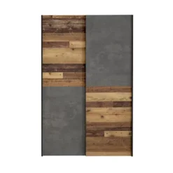 Multifunktions 2 skydedørs garderobe - Spånplade - Træ og grå beton - L 120 x D 41,6 x H 190,5 cm - OZZULA Gammalt vintage trä och mörkgrå bet