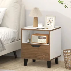 Natbord / sidebord med skuffe og hylde – Natur/hvid