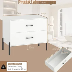 Natbord i træ med 2 skuffer og metalben, hvid
