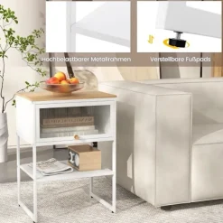 Natbord sidebord trænatbord med metalramme & hylde & gennemsigtig låge 40 x 32 x 56 cm hvid