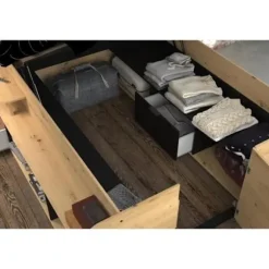ODYSSEE Lit med opbevaringskiste til voksne - 140x190 / 200 cm - Med hævefunktion - Egetræ og sort dekor - 166,2 x 66,5 x 205,8 cm Ek och svart