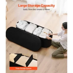 Opbevaringsbænk - DUOKU - Foldbar Oval - Polstret Teddy Plys Kiste - Sort - 299,37 kg Svart