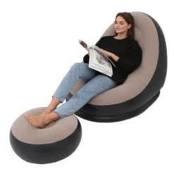 Oppustelig Flocking PVC Foldbar Stol med Fodskammel Komfortabel Oppustelig Lounge til Udendørs Camping Rejse Kaffe