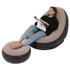 Oppustelig Flocking PVC Foldbar Stol med Fodskammel Komfortabel Oppustelig Lounge til Udendørs Camping Rejse Kaffe
