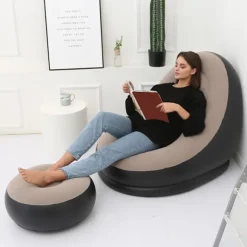 Oppustelig Flocking PVC Foldbar Stol med Fodskammel Komfortabel Oppustelig Lounge til Udendørs Camping Rejse Kaffe