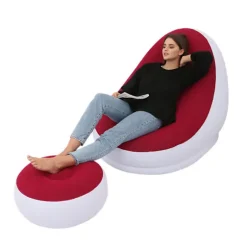 Oppustelig Stol Foldbar Flocking PVC Komfortabel med Fodskammel Blæs Op Lounge Stol til Udendørs Camping Rejse Rød