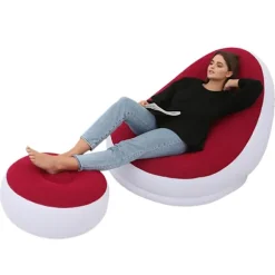 Oppustelig Stol Foldbar Flocking PVC Komfortabel med Fodskammel Blæs Op Lounge Stol til Udendørs Camping Rejse Rød