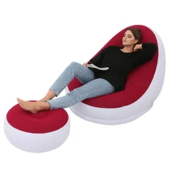 Oppustelig Stol Foldbar Flocking PVC Komfortabel med Fodskammel Blæs Op Lounge Stol til Udendørs Camping Rejse Rød