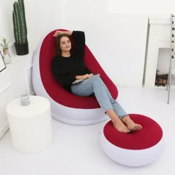 Oppustelig Stol Foldbar Flocking PVC Komfortabel med Fodskammel Blæs Op Lounge Stol til Udendørs Camping Rejse Rød