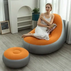Oppustelig udendørs sofa, sammenklappelig lænestol pvc flocking oppustelig sofa (med fodpumpe) Orange
