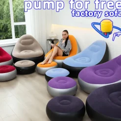 Oppustelig udendørs sofa, sammenklappelig lænestol pvc flocking oppustelig sofa (med fodpumpe) Orange