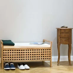 Osmannisk bænk Opbevaringssæde i valnød m/ hørpude, opbevaringsbænk 46,5x92,6x49 cm