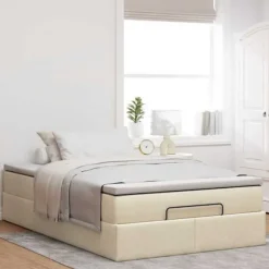 Ottoman seng ramme - Eksklusiv hus - 120x200cm - Creme stof - Opbevaring under sengen grädde, vit