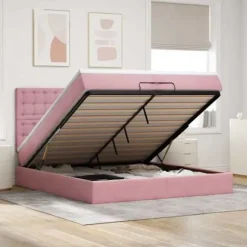 Ottoman sengestel - Eksklusiv hus - 200x200 cm - Rosa velour - Hydraulisk opbevaring rosa