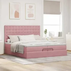 Ottoman sengestel - Eksklusiv hus - 200x200 cm - Rosa velour - Hydraulisk opbevaring rosa
