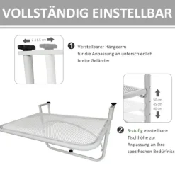 Outsolny Altan Hængebord Havebord Højdejusterbar Firkantet Terrasse Metal Hvid L60 X B56,5 X H45 Cm