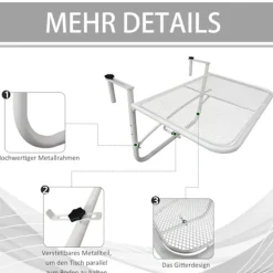 Outsolny Altan Hængebord Havebord Højdejusterbar Firkantet Terrasse Metal Hvid L60 X B56,5 X H45 Cm