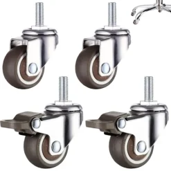 4-pak M8 x 15 mm drejelige hjul med gevind og bremser, 50 mm lydløse styrehjul til indendørs møbler, 360-graders rotation, 2 bremser