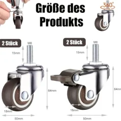 4-pak M8 x 15 mm drejelige hjul med gevind og bremser, 50 mm lydløse styrehjul til indendørs møbler, 360-graders rotation, 2 bremser