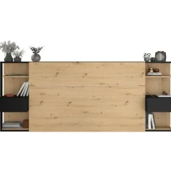 PARISOT Sengegavl med hylder + integrerede sengeborde - Eg og sort indretning - L 255 x D 36 x H 103 cm - HVID Ek och svart