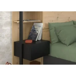 PARISOT Sengegavl med hylder + integrerede sengeborde - Eg og sort indretning - L 255 x D 36 x H 103 cm - HVID Ek och svart