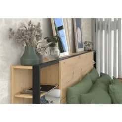 PARISOT Sengegavl med hylder + integrerede sengeborde - Eg og sort indretning - L 255 x D 36 x H 103 cm - HVID Ek och svart