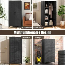 PE rattan garderobe med 2 døre & Tøjstang & amp; 4 rums garderobe sort