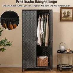 PE rattan garderobe med 2 døre & Tøjstang & amp; 4 rums garderobe sort