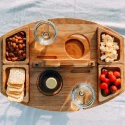 Picnicbord med vinglasholder, bærbar, hængende vinglas, frugtplade