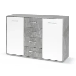 PILVI lav skænk - 2 låger og 4 skuffer - Hvid og lys beton - L 122,6 x D 34,2 x H 81,1 cm Vit/ljusgrå betongoptik