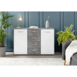 PILVI lav skænk - 2 låger og 4 skuffer - Hvid og lys beton - L 122,6 x D 34,2 x H 81,1 cm Vit/ljusgrå betongoptik