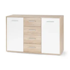 PILVI lav skænk - 2 låger og 4 skuffer - Hvid og Sonoma eg - L 122,6 x D 34,2 x H 81,1 cm Vit / sonoma ek