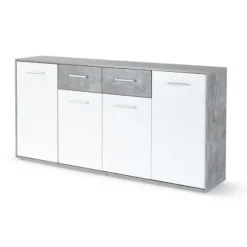 PILVI lav skænk - 4 låger og 2 skuffer - Hvid og lys beton - L 162,3 x D 34,2 x H 88,1 cm Vit/ljusgrå betongoptik