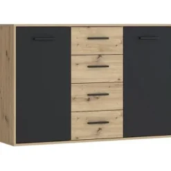 PILVI skænk - Moderne stil - Melaminpartikler - Eg og sort indretning - 2 låger + 4 skuffer - L 122,6 x D 34,2 x H 81,7 cm Hantverkarek kombinerad med svart | Fyndiq