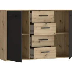PILVI skænk - Moderne stil - Melaminpartikler - Eg og sort indretning - 2 låger + 4 skuffer - L 122,6 x D 34,2 x H 81,7 cm Hantverkarek kombinerad med svart | Fyndiq