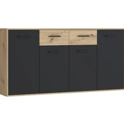 PILVI skænk - Moderne stil - Melaminpartikler - Eg og sort indretning - 4 låger + 2 skuffer - L 162,3 x D 34,2 x H 81,7 cm Hantverkarek kombinerad med svart | Fyndiq