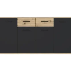 PILVI skænk - Moderne stil - Melaminpartikler - Eg og sort indretning - 4 låger + 2 skuffer - L 162,3 x D 34,2 x H 81,7 cm Hantverkarek kombinerad med svart | Fyndiq