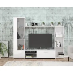 PILVI TV vægmodul - Melaminpartikler - Mat hvid indretning - glasdør + 1 klap + 5 nicher - L220 x D41 x H177,5 cm Matt vit