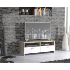 PILVI TV-møbel - Mat hvid og eg - Moderne - L 95 x D 36 x H 34,5 cm Matt vit och ek dekor