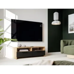 PILVI tv-møbel - Moderne stil - Eg og sort indretning - 2 klapper + 2 nicher - L 95 x D 36 x H 34,5 cm Hantverkarek kombinerad med svart