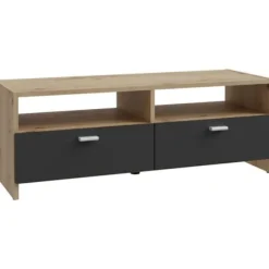 PILVI tv-møbel - Moderne stil - Eg og sort indretning - 2 klapper + 2 nicher - L 95 x D 36 x H 34,5 cm Hantverkarek kombinerad med svart