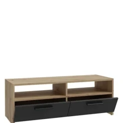 PILVI tv-møbel - Moderne stil - Eg og sort indretning - 2 klapper + 2 nicher - L 95 x D 36 x H 34,5 cm Hantverkarek kombinerad med svart