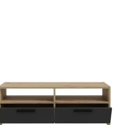 PILVI tv-møbel - Moderne stil - Eg og sort indretning - 2 klapper + 2 nicher - L 95 x D 36 x H 34,5 cm Hantverkarek kombinerad med svart