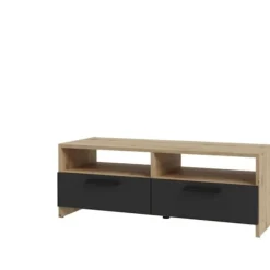 PILVI tv-møbel - Moderne stil - Eg og sort indretning - 2 klapper + 2 nicher - L 95 x D 36 x H 34,5 cm Hantverkarek kombinerad med svart
