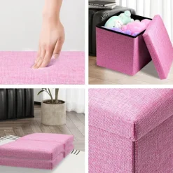 Pink Ottoman Opbevaringsboks med låg, Flad Opbevaringsboks, Legetøjskasse, Pouf Fodskammel med Opbevaring, Memory Box, Gadget Opbevaring Pink