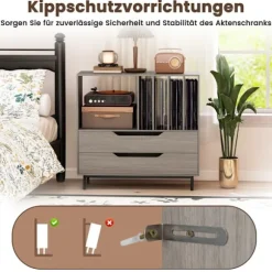 Pladespillerstativ med 4 vinylpladser og 2 skuffer, grå