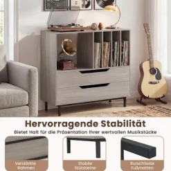 Pladespillerstativ med 4 vinylpladser og 2 skuffer, grå